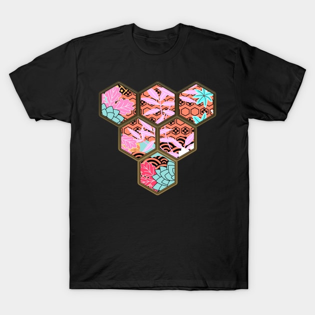 Japanese Geometrical Streetwear Design Floral Cherry Blossom Retro Art Earth Colours 587 T-Shirt by dvongart